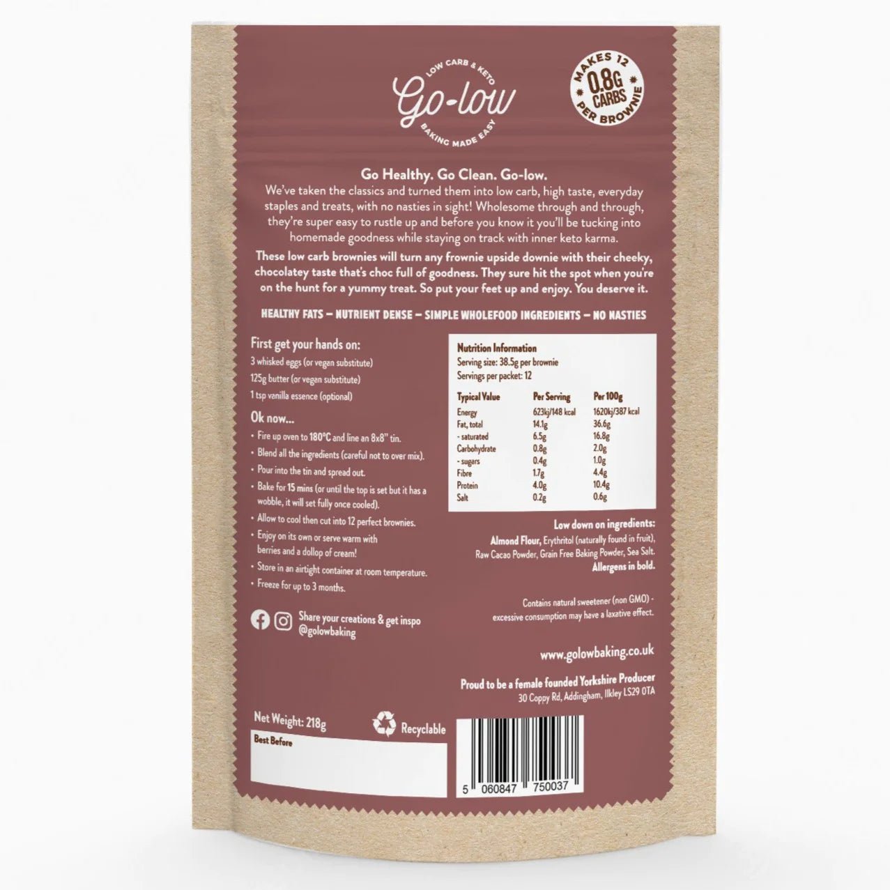 Keto, Low - Carb Chocolate Brownie Mix - 0.8g Carbs per serving from Go - Low Baking | Available at Sow & Arrow