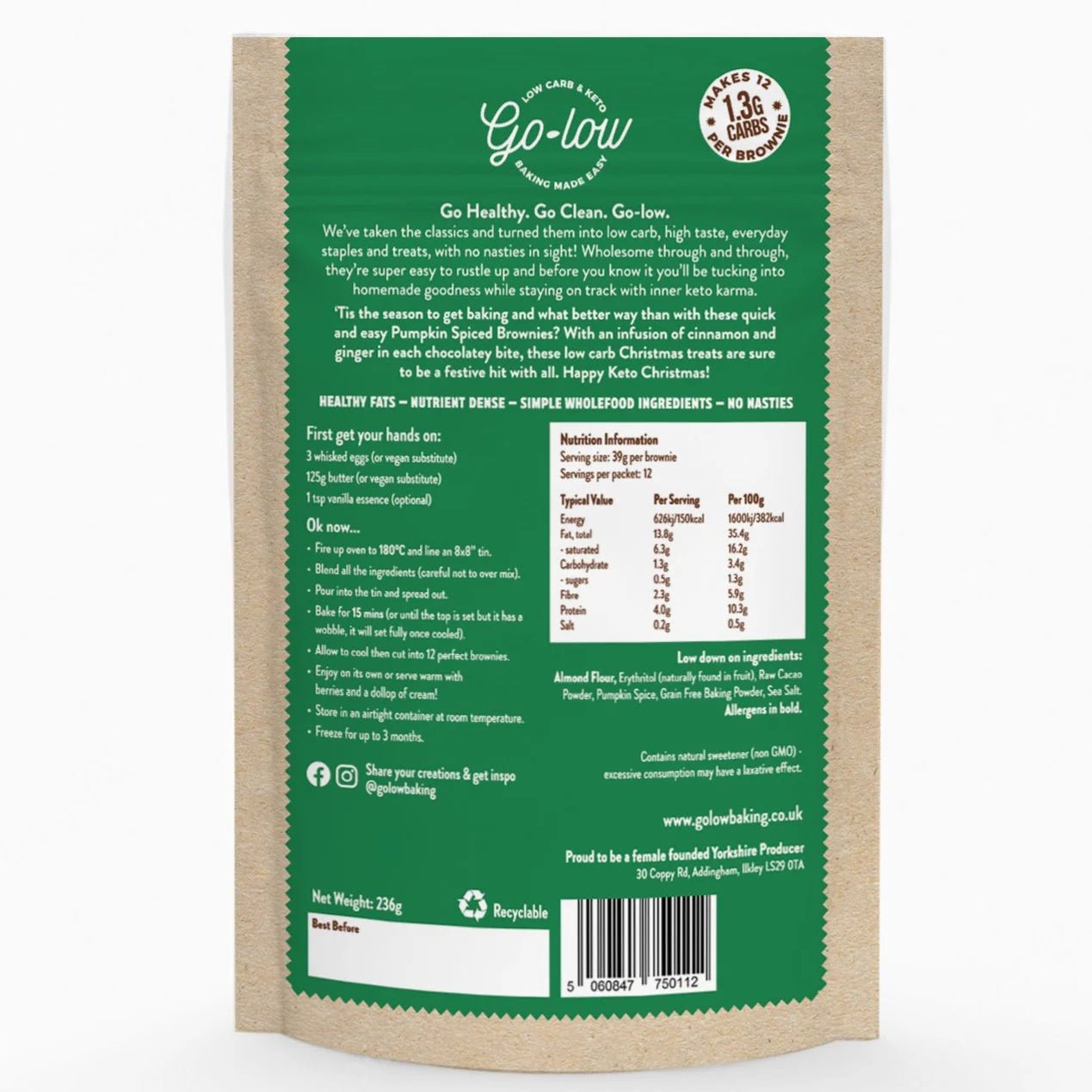 Keto Pumpkin Spiced Brownie - makes 12 from Go - Low Baking | Available at Sow & Arrow