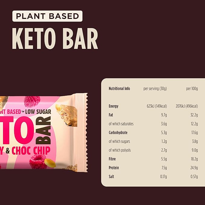 Keto Raspberry & Choc Chip Multipacks - 3x30g from Pulsin | Available at Sow & Arrow
