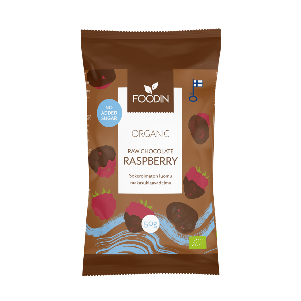 Organic Chocolate Covered Raspberries, no added sugar - 50g from Foodin | Available at Sow & Arrow