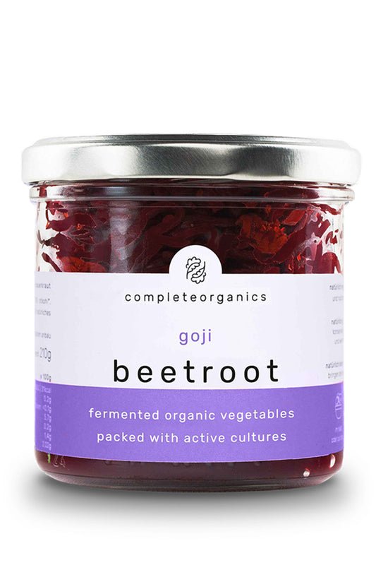 Organic Raw, Fermented Shredded Beetroot with Goji - 210g from Complete Organics | Available at Sow & Arrow