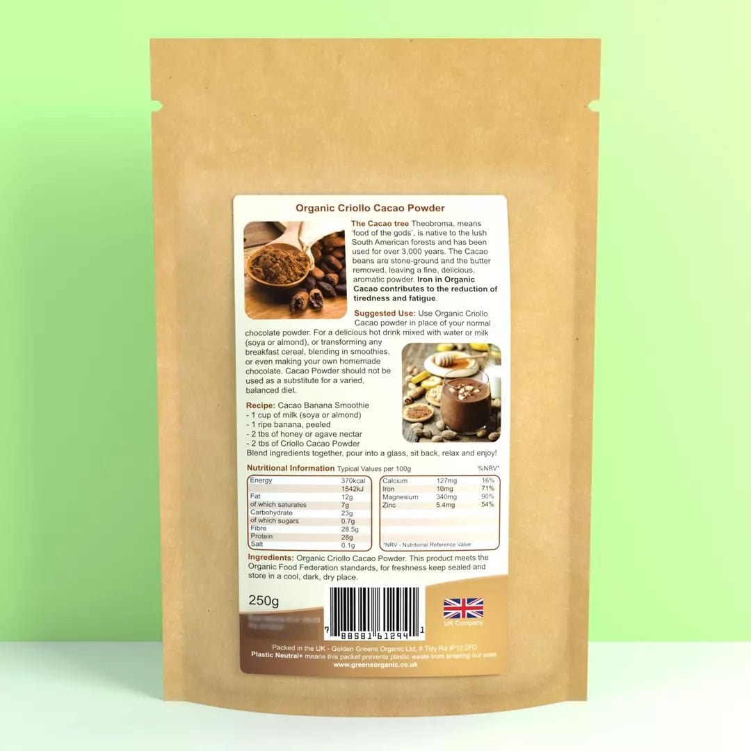 Organic Raw Pure Criolla Cacao Powder - 200g from Golden Greens | Available at Sow & Arrow