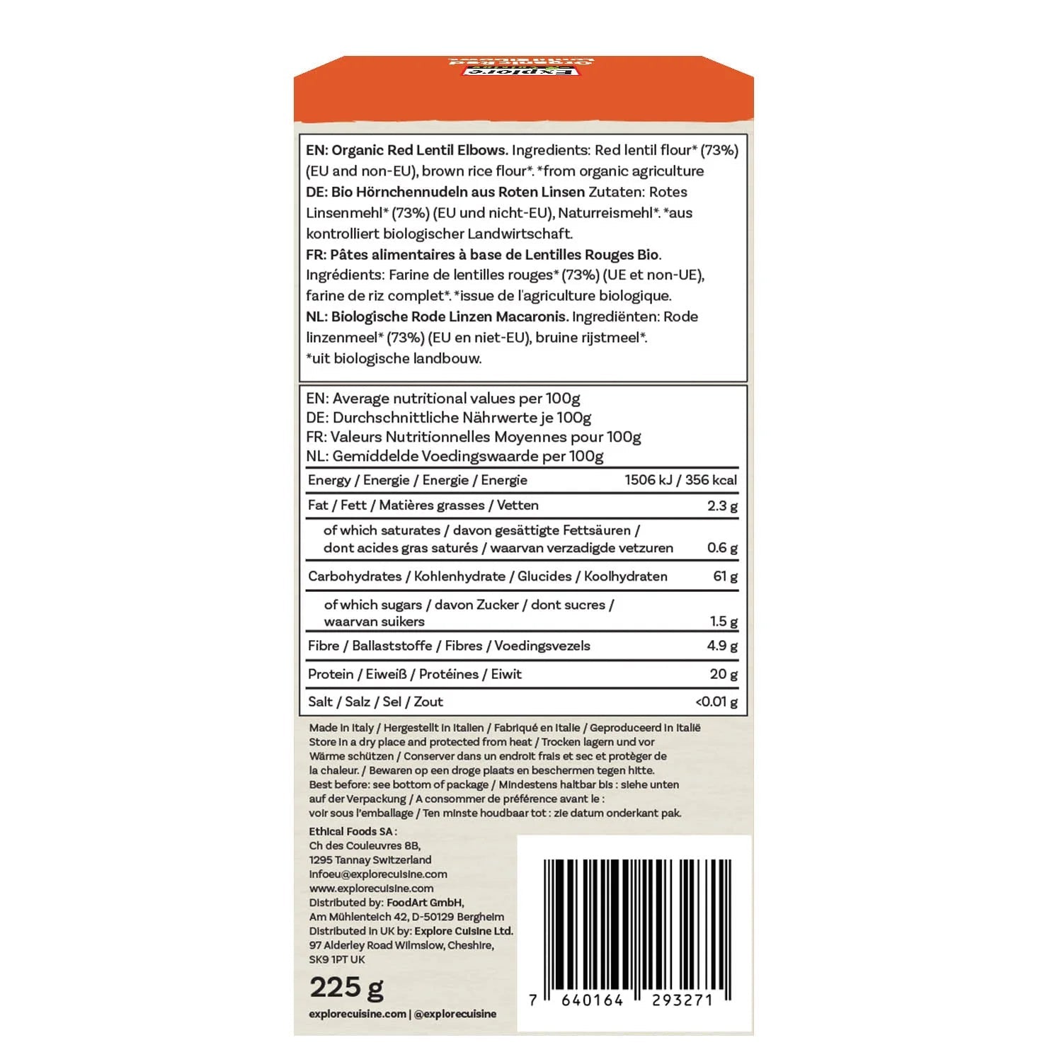 Organic Red Lentil Elbows - 225g from Explore Cuisine | Available at Sow & Arrow