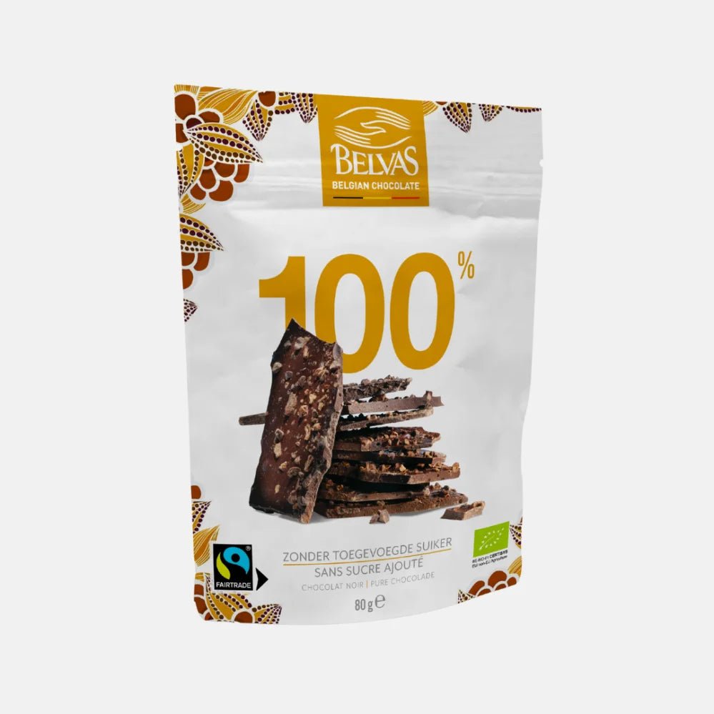 Pure Dark 100% Chocolate Thins with Nibs - 80g Belvas from Belvas | Available at Sow & Arrow