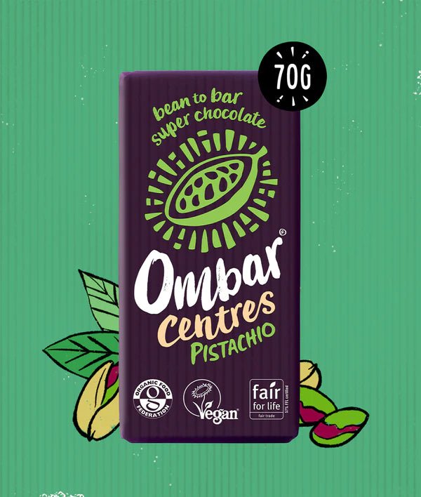 Raw, Organic Chocolate with a Pistachio Centre - 70g from Ombar | Available at Sow & Arrow