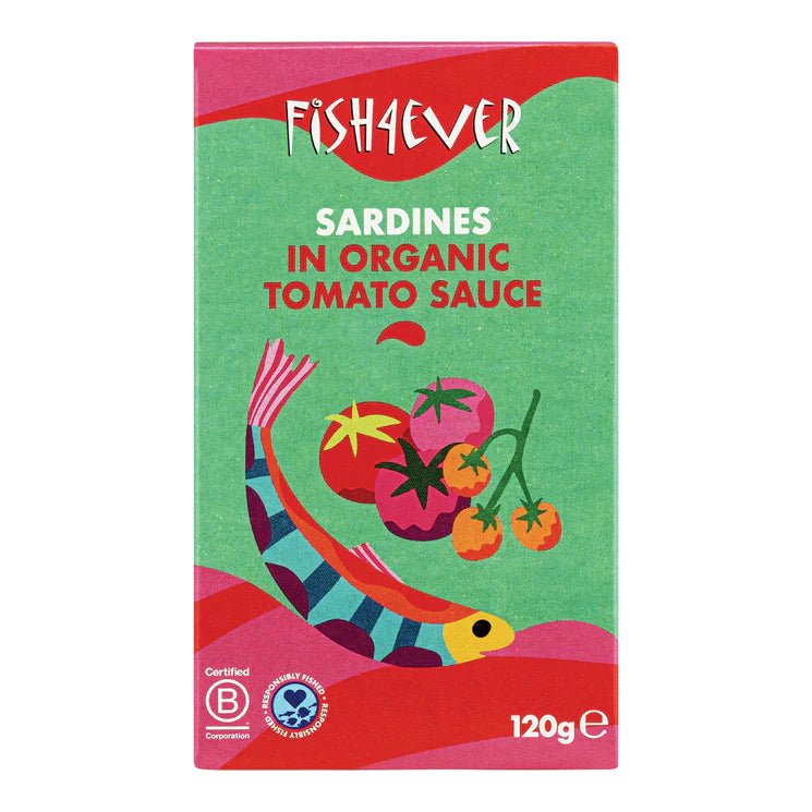 Whole Sardines in Organic Tomato Sauce - 120g from Fish 4 Ever | Available at Sow & Arrow