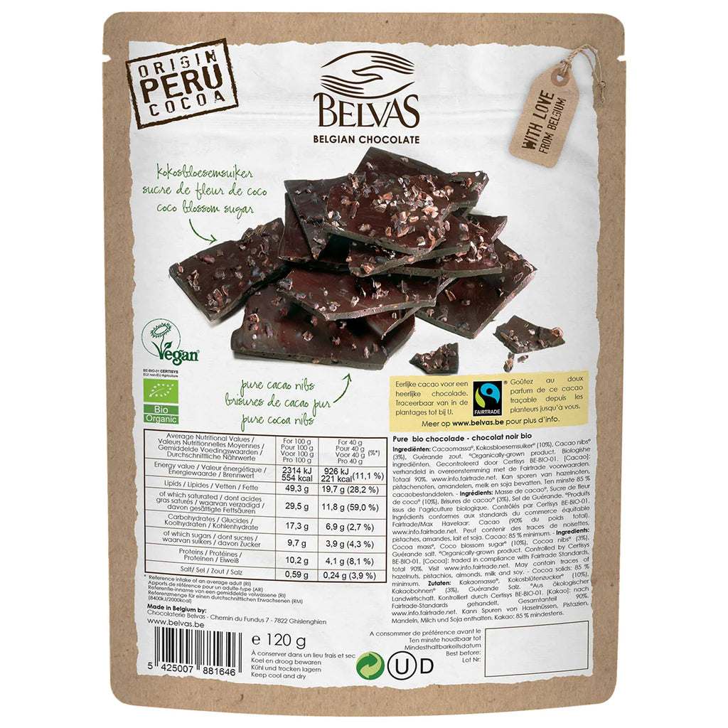 Organic Belgian Chocolate Thins with Cacao nibs 85% - 120g Belvas