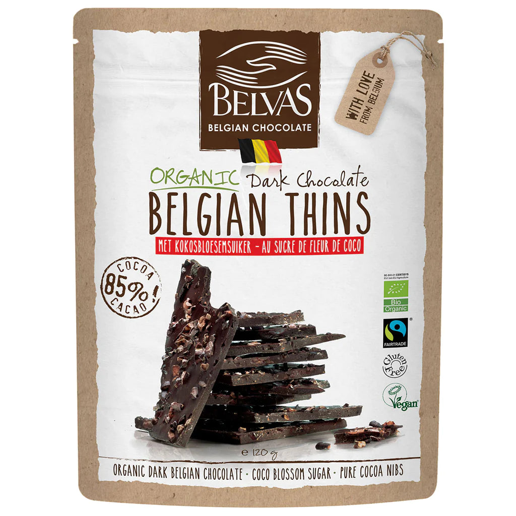 Organic Belgian Chocolate Thins with Cacao nibs 85% - 120g Belvas