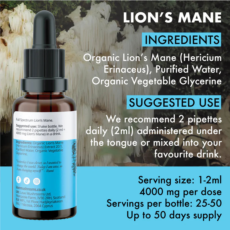 Organic Lion’s Mane Mushroom Extract (Alcohol Free) -  50ml