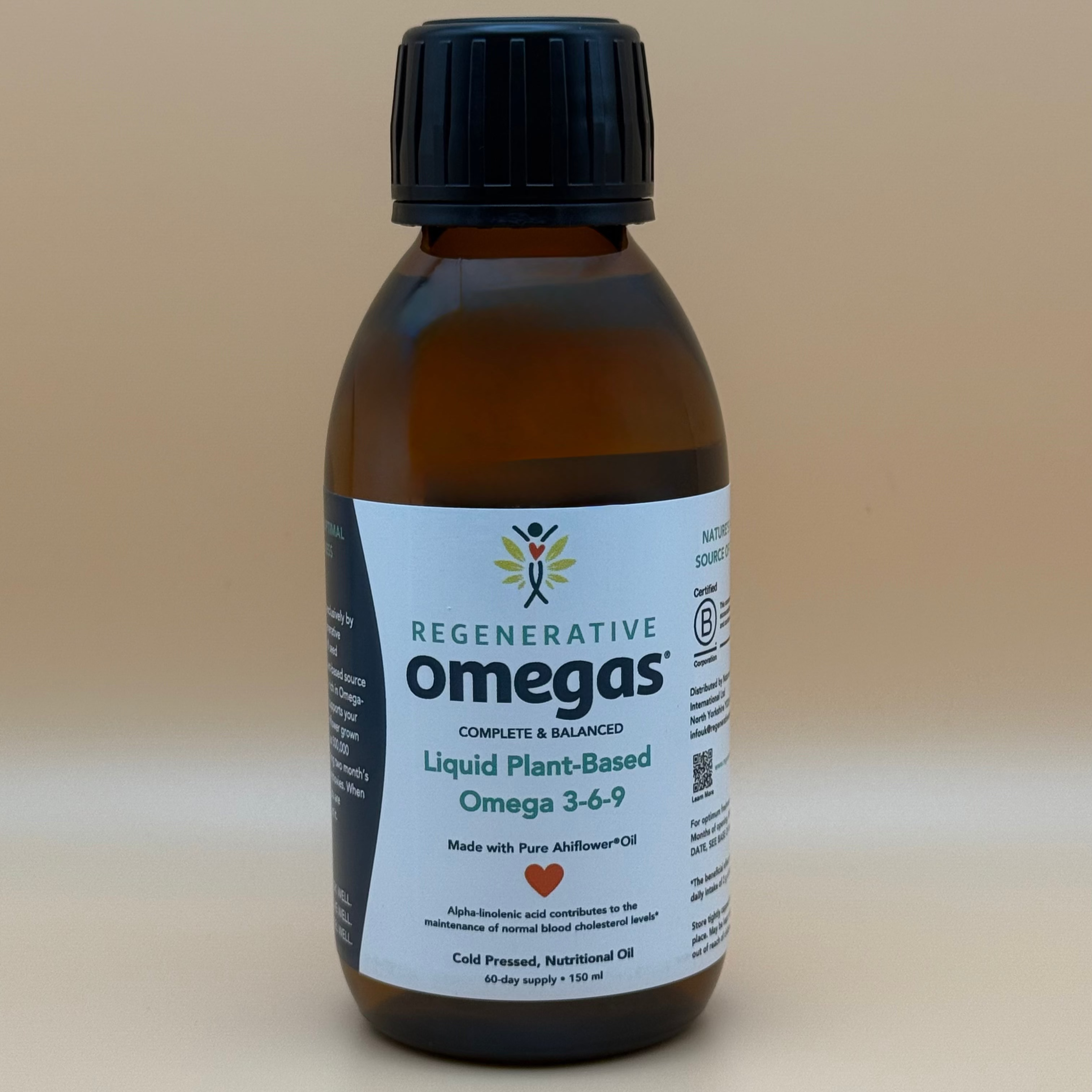 Bottle of Regenerative Omegas on a beige background