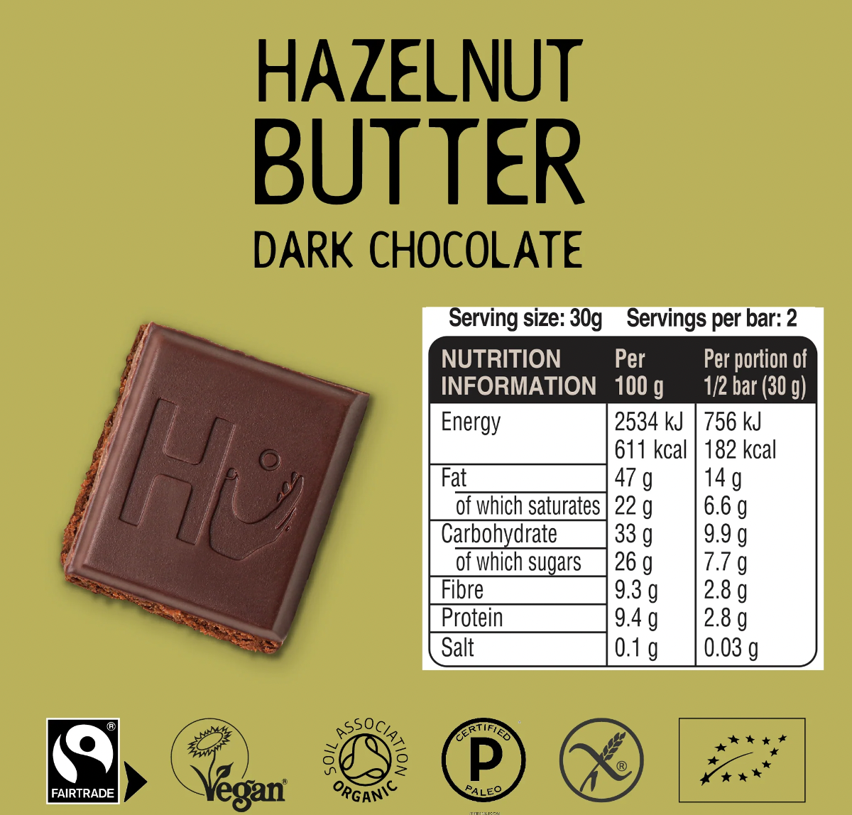 Organic Hazelnut Nut Butter Filled Dark Chocolate Bar - 60g