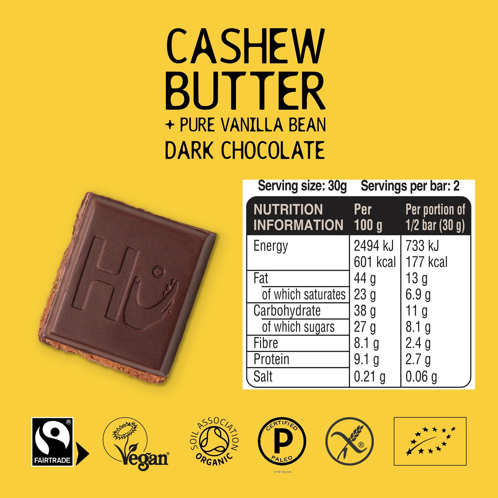Organic Cashew Nut Butter + Pure Vanilla Filled Dark Chocolate Bar - 60g