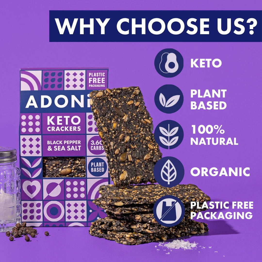 Black Pepper & Sea Salt Keto Crackers - Adonis from Adonis | Available at Sow & Arrow