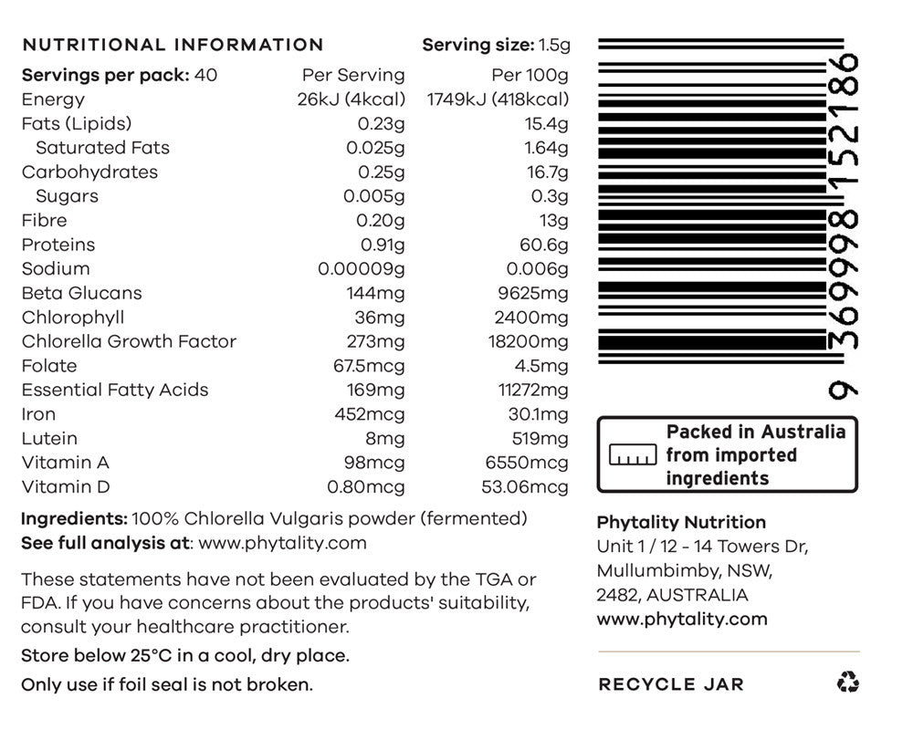 Fermented Chlorella - 120g NEW BIGGER SIZE from Phytality | Available at Sow & Arrow