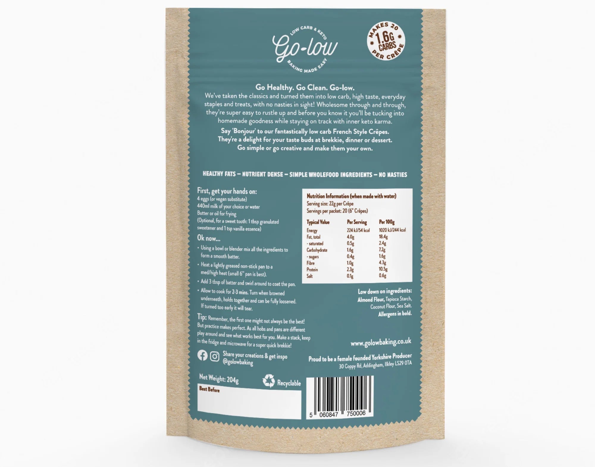 Keto French Style Crepe Mix - 1.6g carbs per pancake from Go - Low Baking | Available at Sow & Arrow