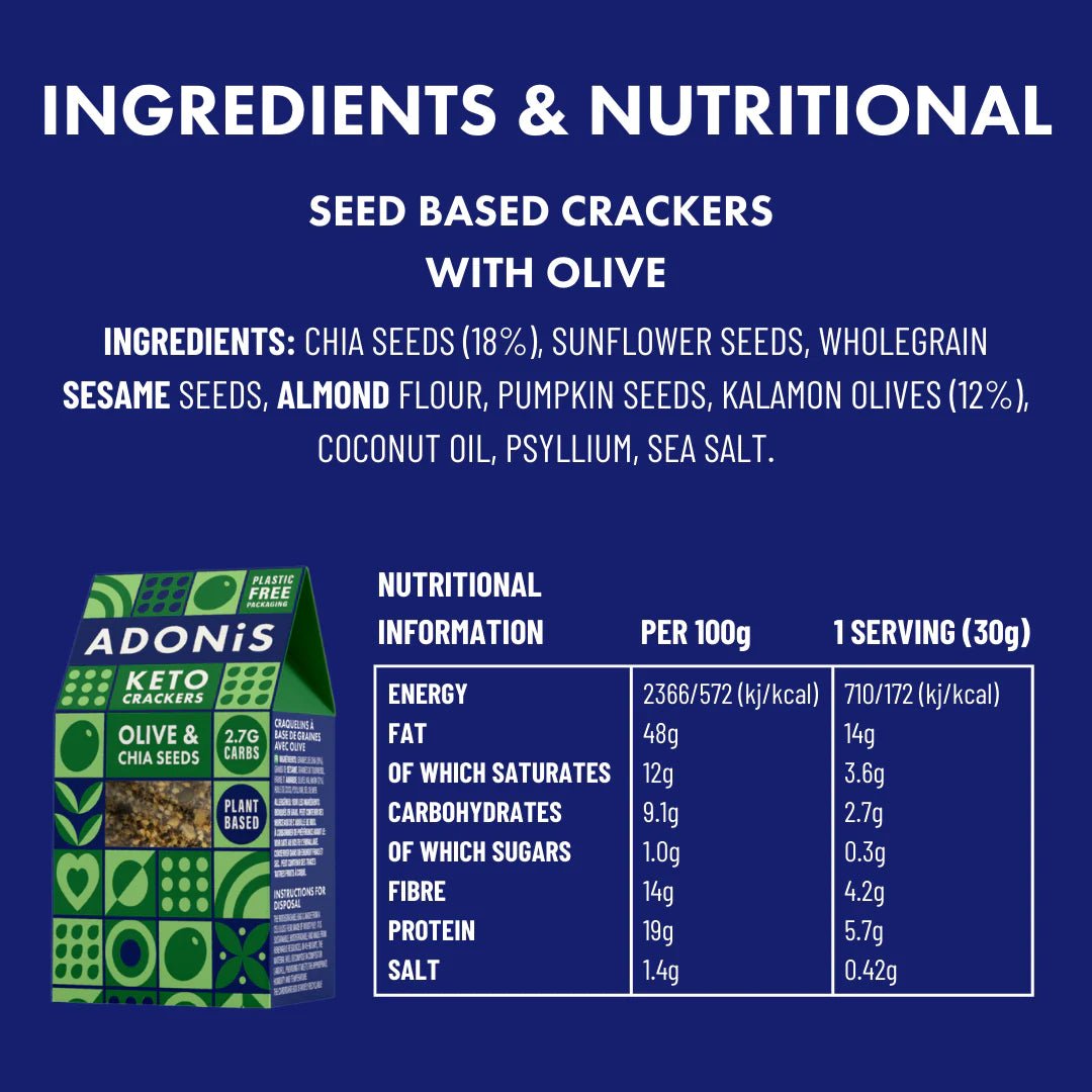 Olive & Chia Seed Keto Crackers - Adonis from Adonis | Available at Sow & Arrow