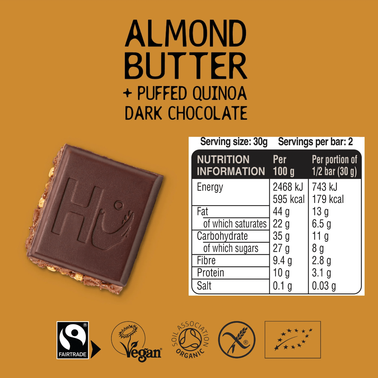 Organic Almond Butter + Crispy Quinoa filled Dark Chocolate Bar - 60g from HU | Available at Sow & Arrow