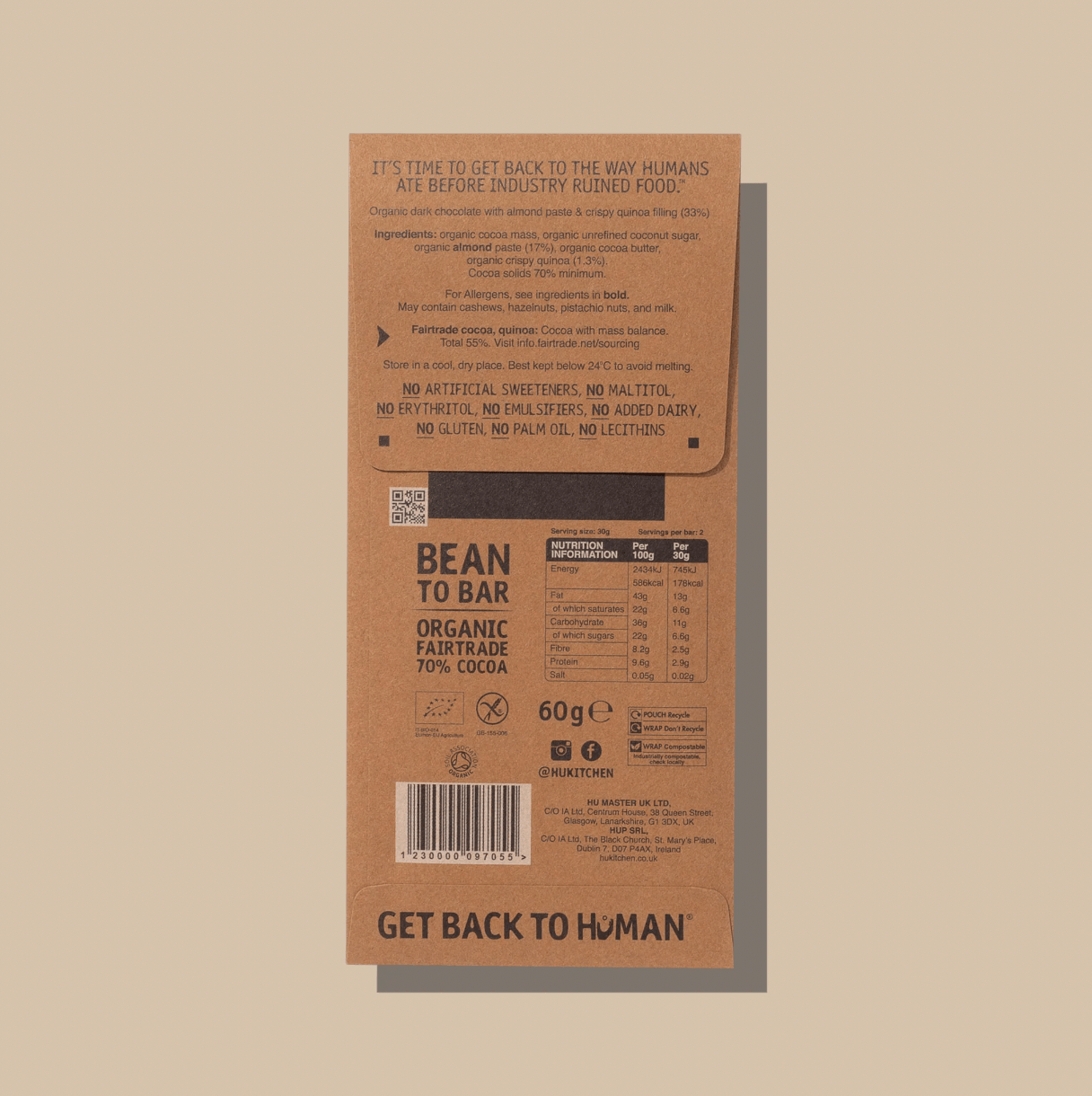 Organic Almond Butter + Crispy Quinoa filled Dark Chocolate Bar - 60g from HU | Available at Sow & Arrow