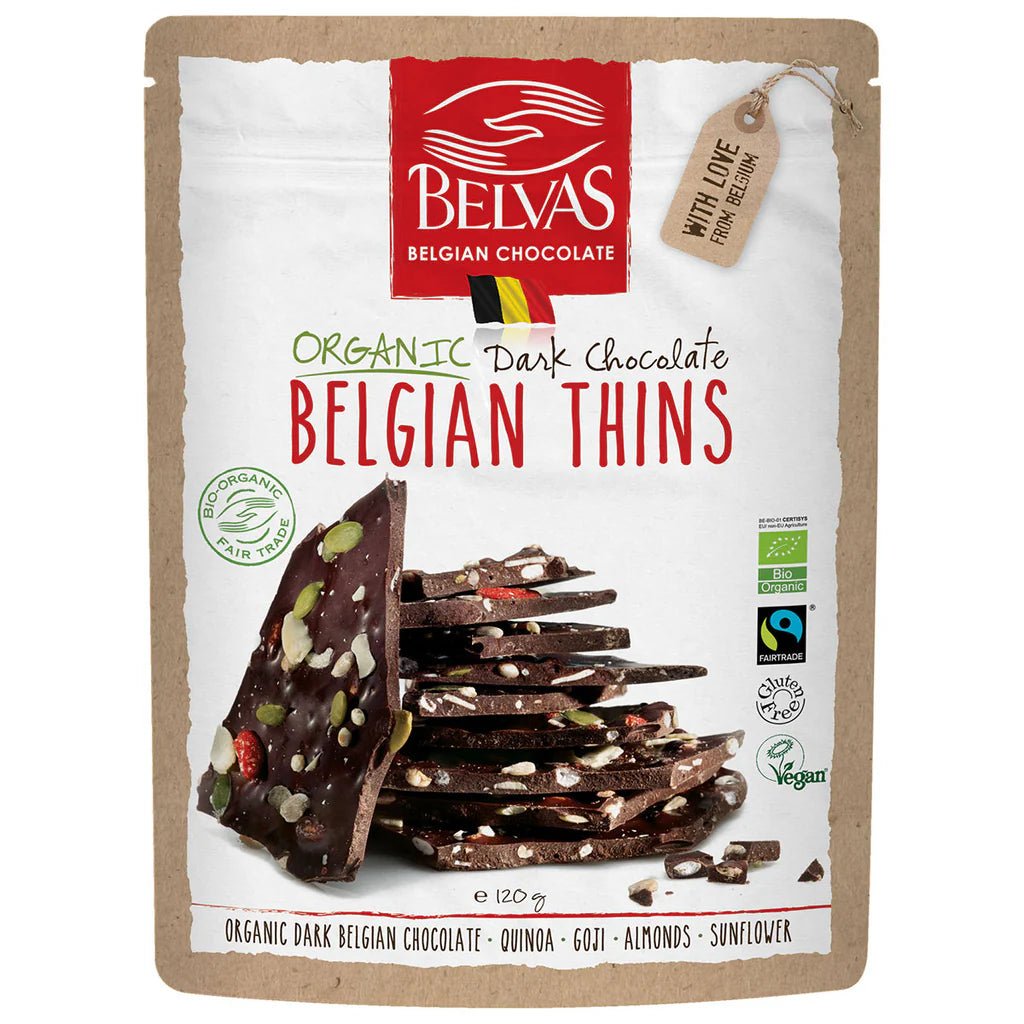 Organic Belgian Chocolate Thins with Goji and Quinoa - 120g Belvas from Belvas | Available at Sow & Arrow