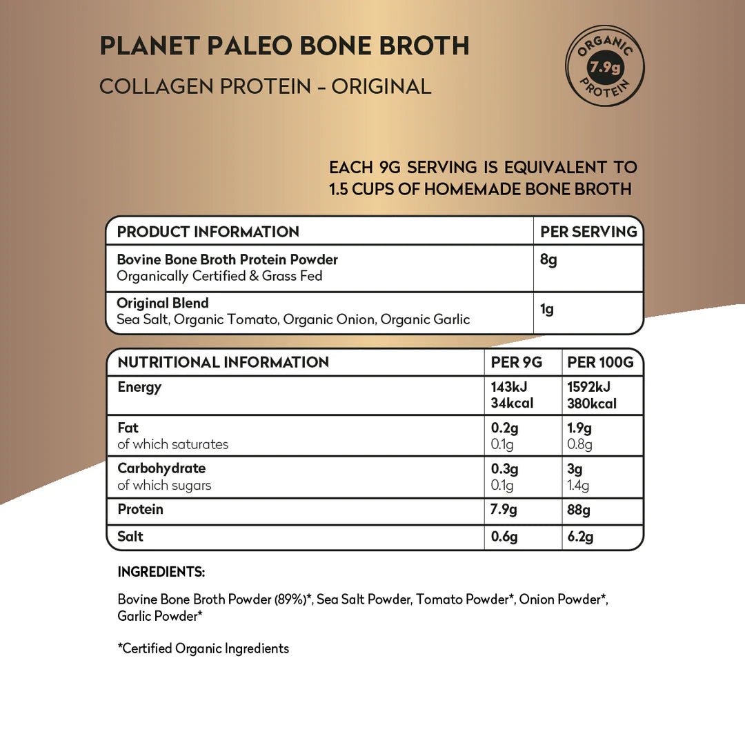Organic Bone Broth Original with Garlic & Onion - 450g from Planet Paleo | Available at Sow & Arrow