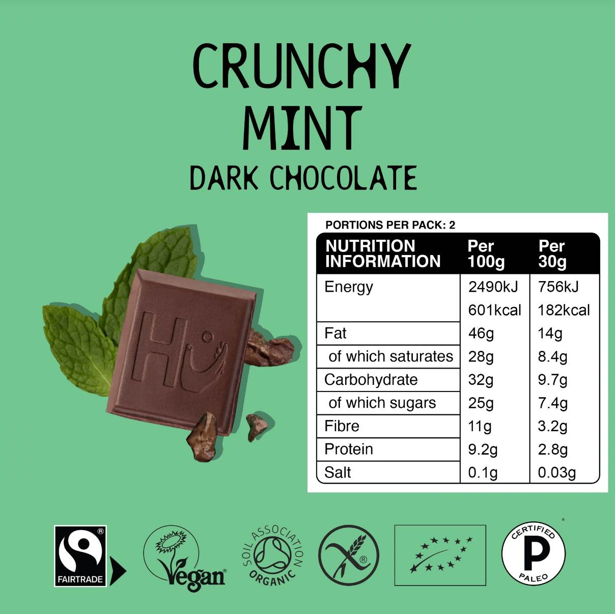 Organic Crunchy Mint Dark Chocolate - 60g from HU | Available at Sow & Arrow