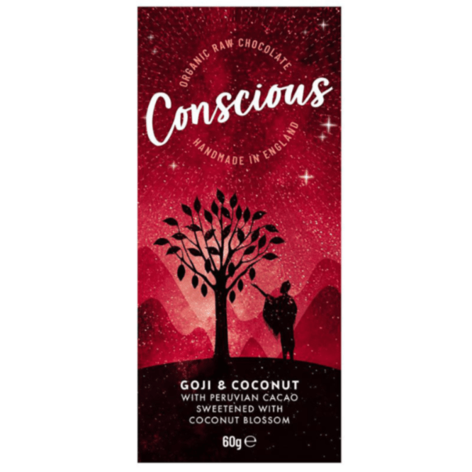 Organic, Handmade, British, Raw Goji & Coconut Chocolate - 60g from Conscious | Available at Sow & Arrow