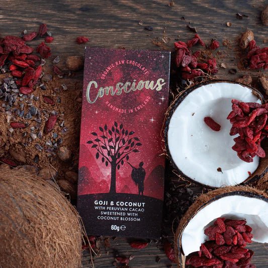 Organic, Handmade, British, Raw Goji & Coconut Chocolate - 60g from Conscious | Available at Sow & Arrow