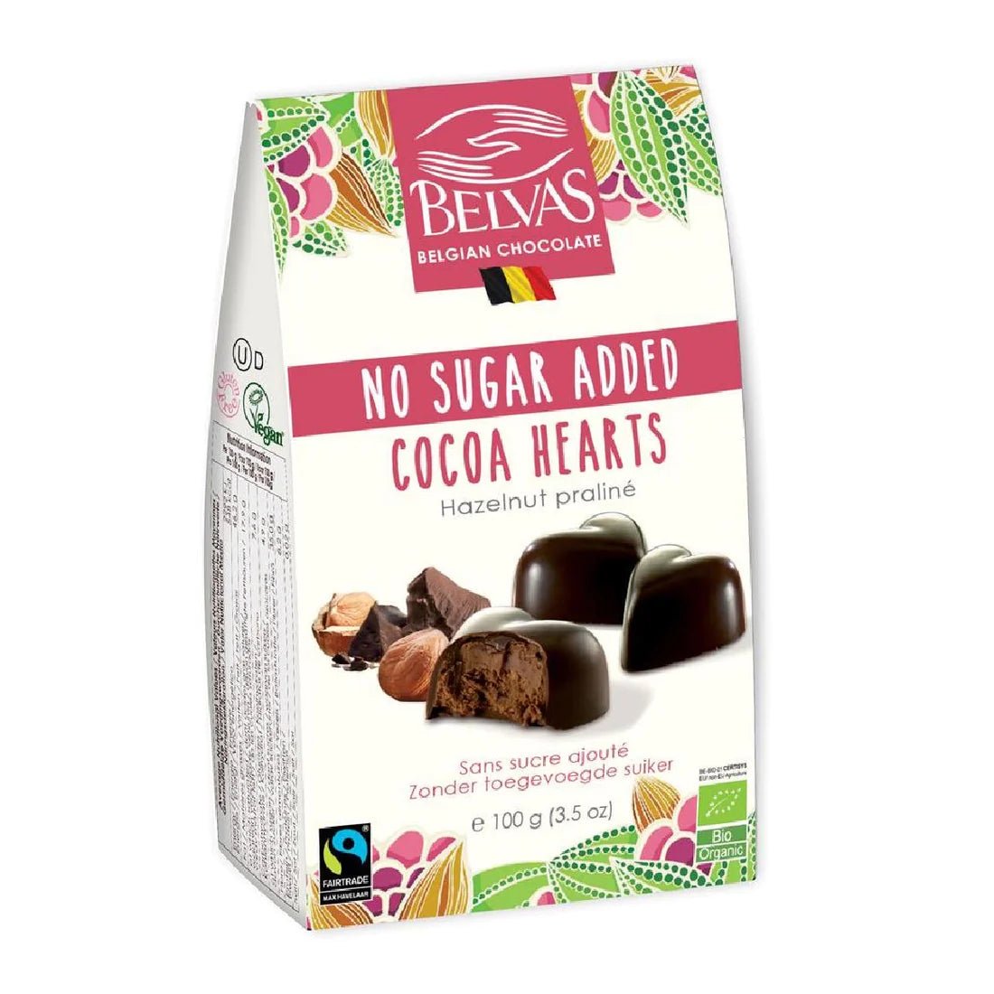 Organic Hazelnut Praline Cocoa Hearts No Added Sugar - 100g from Belvas | Available at Sow & Arrow