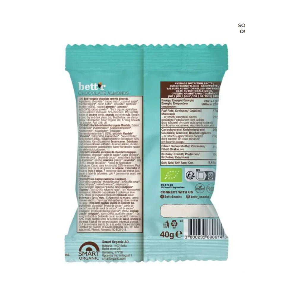 Organic, Low - Sugar Dark Chocolate Covered Almonds - 40g from Bettr | Available at Sow & Arrow