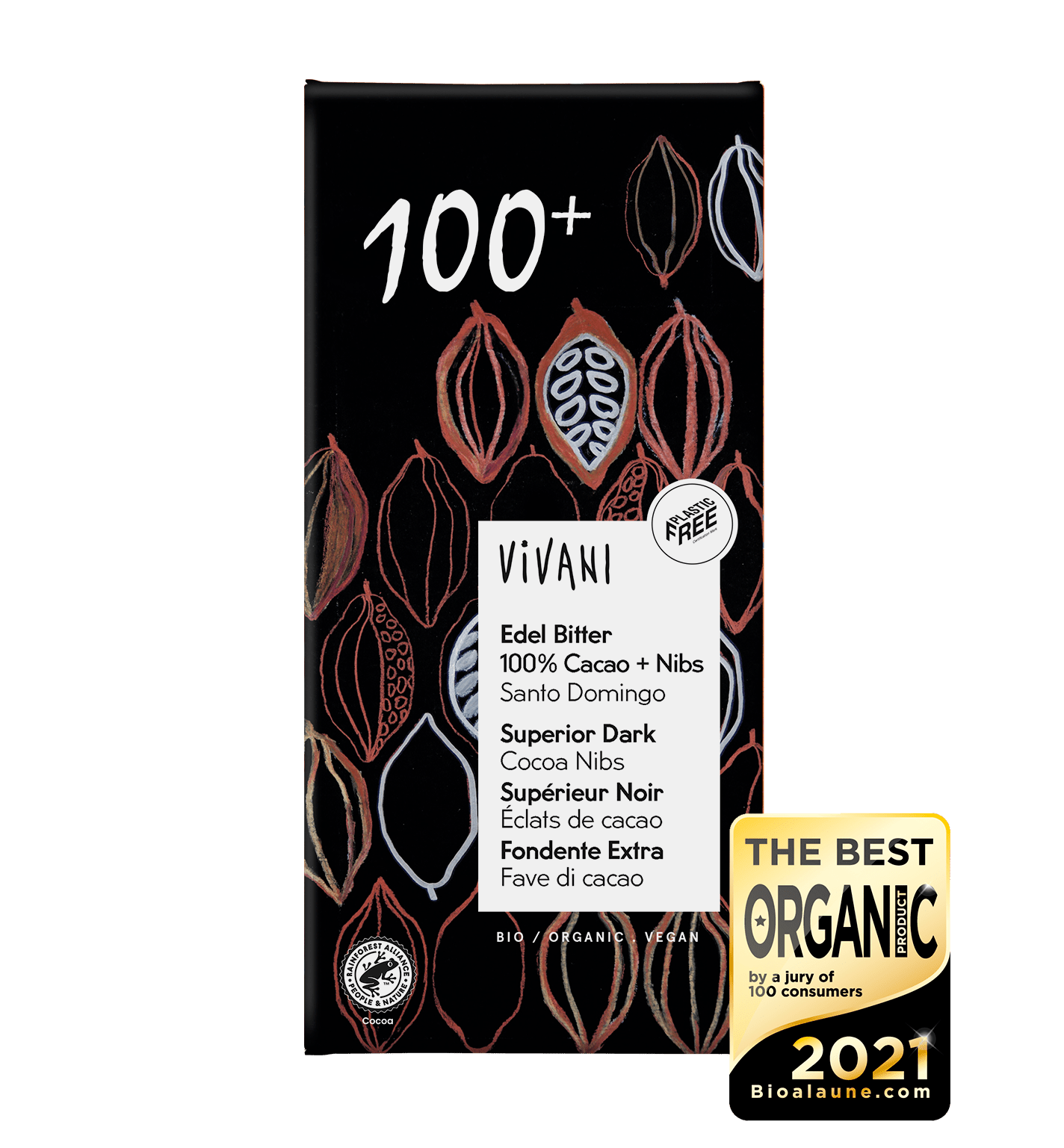 Organic Superior Dark 100+ with cocoa nibs - 80g from Vivani | Available at Sow & Arrow