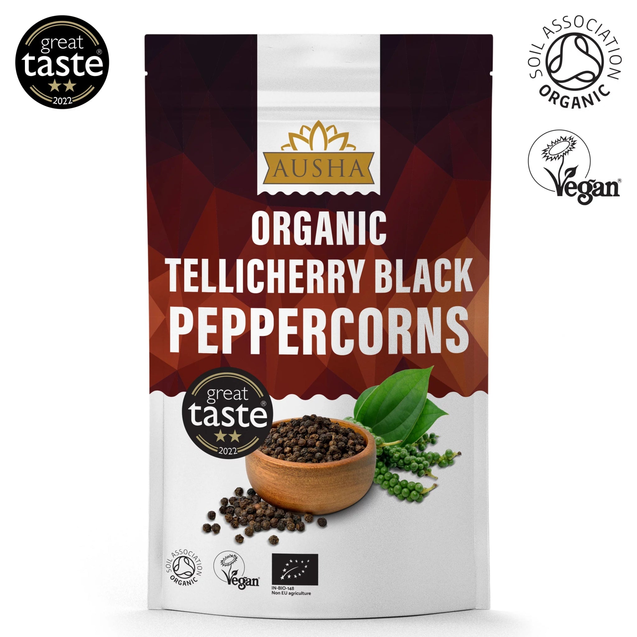 Organic Tellicherry Black Peppercorns - 100g from Ausha | Available at Sow & Arrow