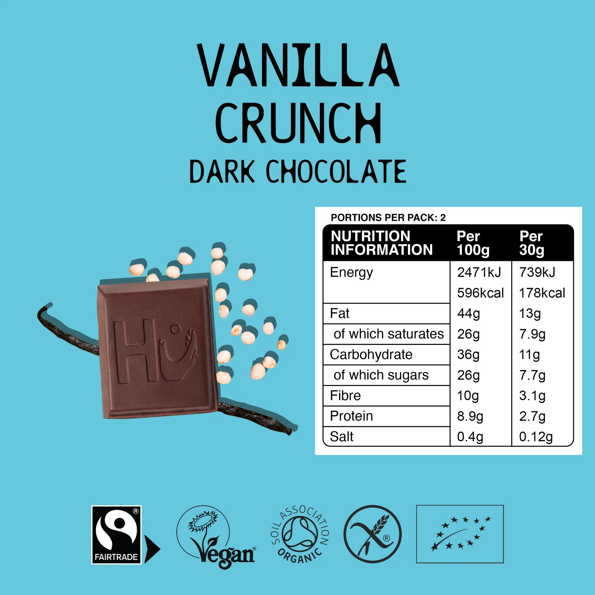 Organic Vanilla Crunch Dark Chocolate Bar - 60g from HU | Available at Sow & Arrow