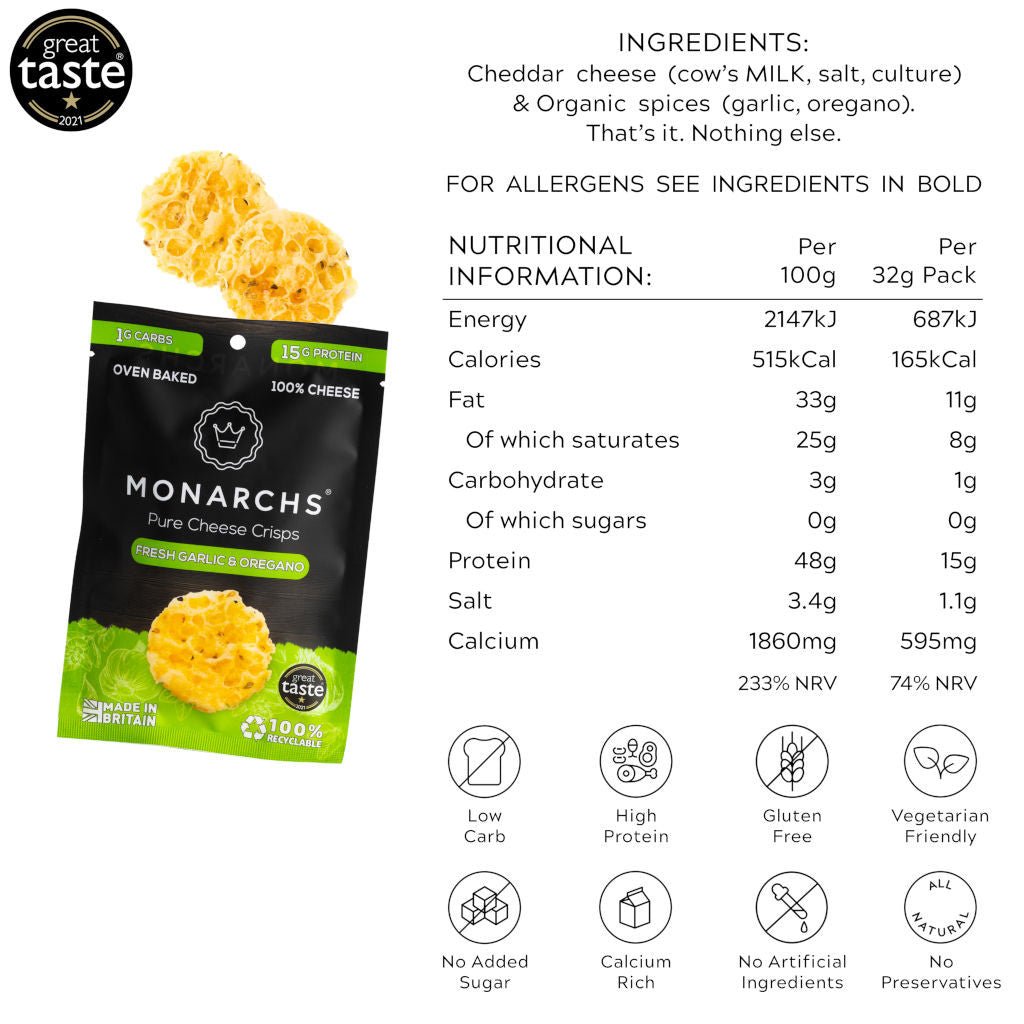 Pure Cheese Crisps - Fresh Garlic & Oregano from Monarchs | Available at Sow & Arrow