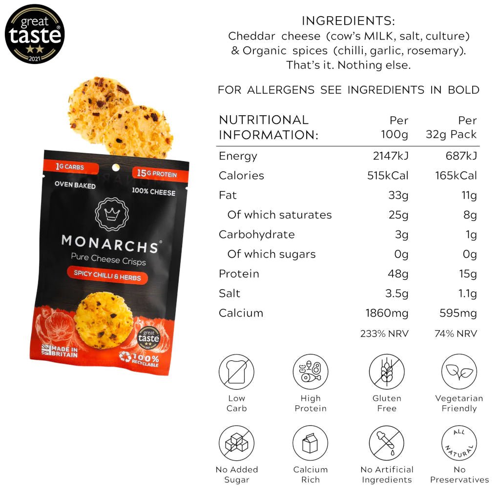 Pure Cheese Crisps - Spicy Chilli & Herbs from Monarchs | Available at Sow & Arrow