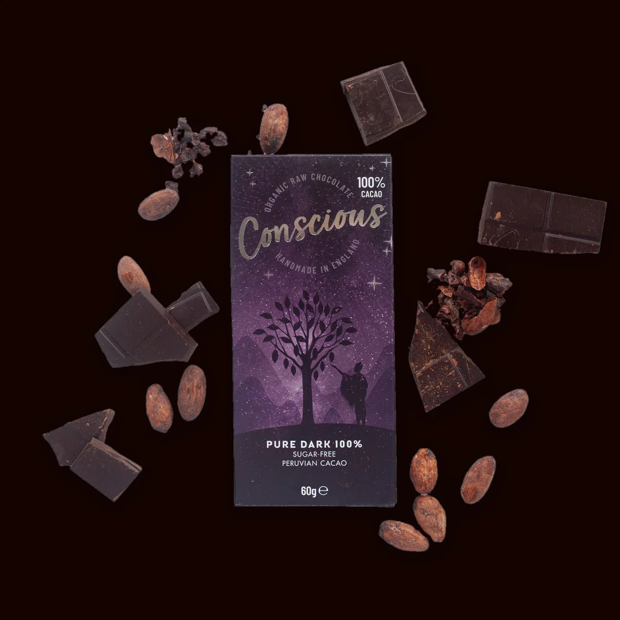 Pure, Dark, British 100% Raw Organic Chocolate - 60g from Conscious | Available at Sow & Arrow