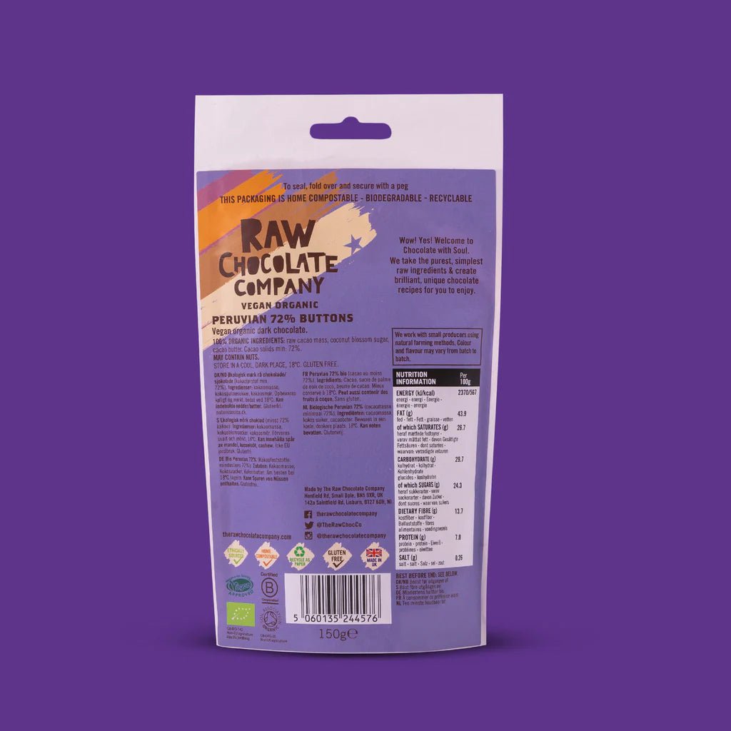 Raw Peruvian Chocolate Buttons 72% from The Raw Chocolate Co. | Available at Sow & Arrow