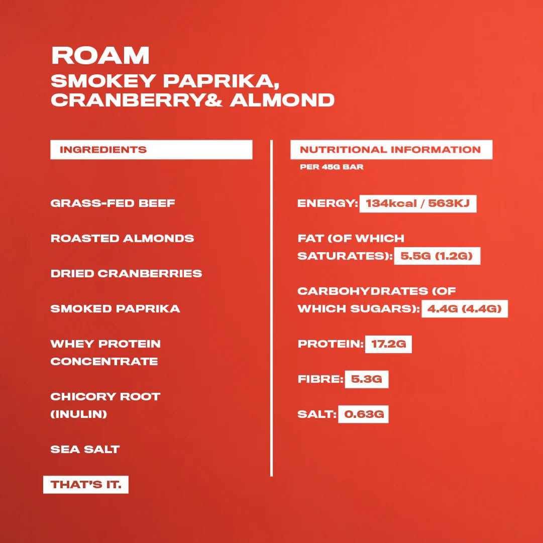 Smokey Paprika, Cranberry & Almond Grass - Fed Beef Bar - 40g from Roam | Available at Sow & Arrow