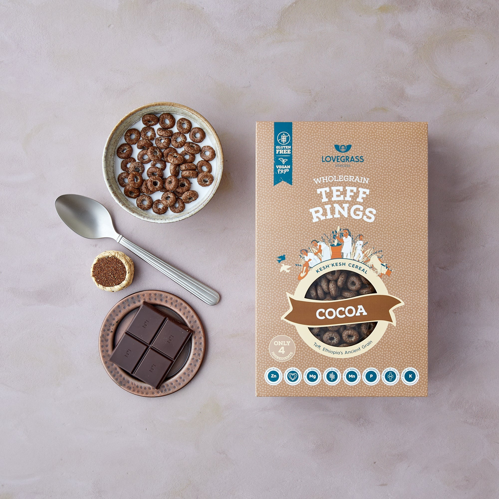 Teff Ancient Grain Cocoa Rings - 350g from Lovegrass | Available at Sow & Arrow
