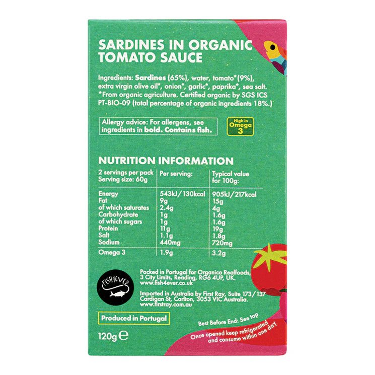 Whole Sardines in Organic Tomato Sauce - 120g from Fish 4 Ever | Available at Sow & Arrow
