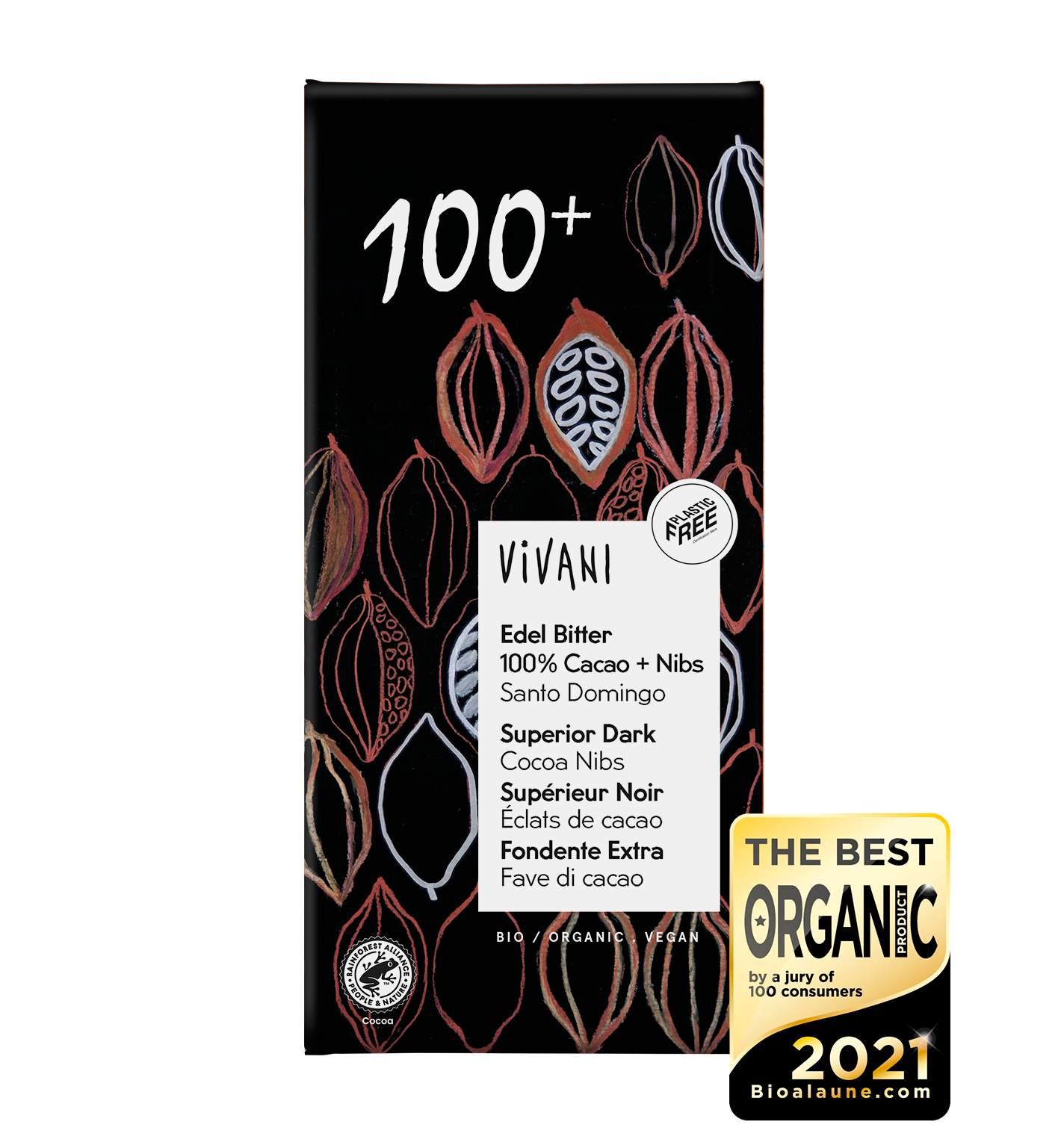 Organic Superior Dark 100+ with cocoa nibs - 80g